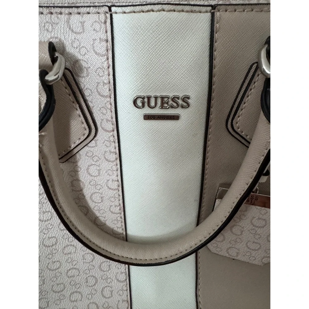 Guess Los Angeles Monogram Logo Colorblock Satchel Handbag Cream Beige Crossbody